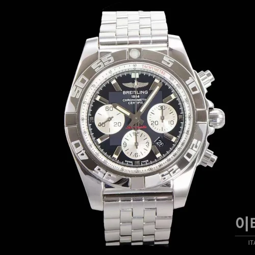 브라이틀링 크로노맷 스틸 블랙다이얼 크로노그래프 오토매틱 44mm 스틸 브레이슬릿 실버 베젤 (2)
