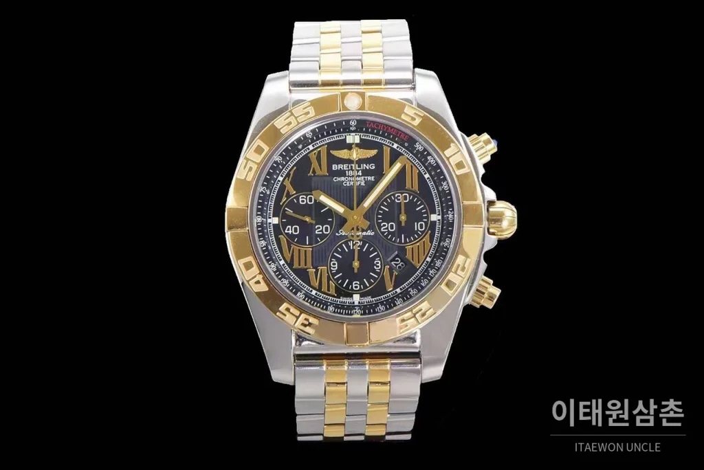 브라이틀링 크로노맷 스틸 블랙다이얼 크로노그래프 오토매틱 44mm 투톤 브레이슬릿 골드 베젤