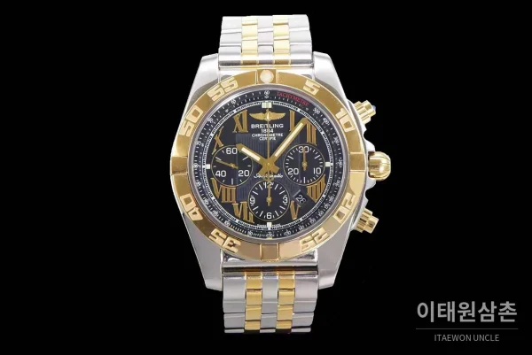 브라이틀링 크로노맷 스틸 블랙다이얼 크로노그래프 오토매틱 44mm 투톤 브레이슬릿 골드 베젤
