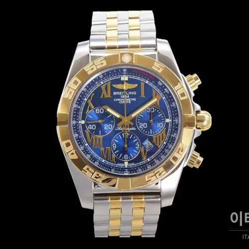 브라이틀링 크로노맷 스틸 블랙다이얼 크로노그래프 오토매틱 44mm 투톤 브레이슬릿 골드 베젤 (2)