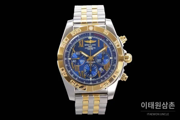 브라이틀링 크로노맷 스틸 블랙다이얼 크로노그래프 오토매틱 44mm 투톤 브레이슬릿 골드 베젤 (2)