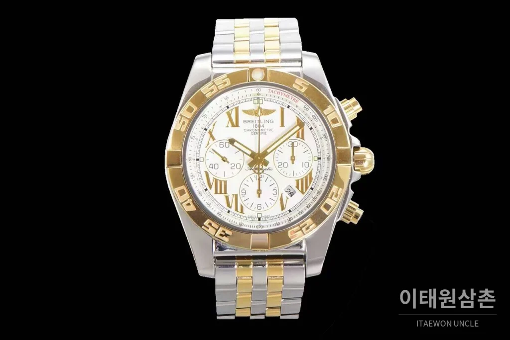 브라이틀링 크로노맷 스틸 블랙다이얼 크로노그래프 오토매틱 44mm 투톤 브레이슬릿 골드 베젤 (3)