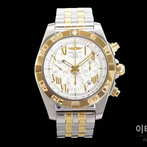 브라이틀링 크로노맷 스틸 블랙다이얼 크로노그래프 오토매틱 44mm 투톤 브레이슬릿 골드 베젤 (3)