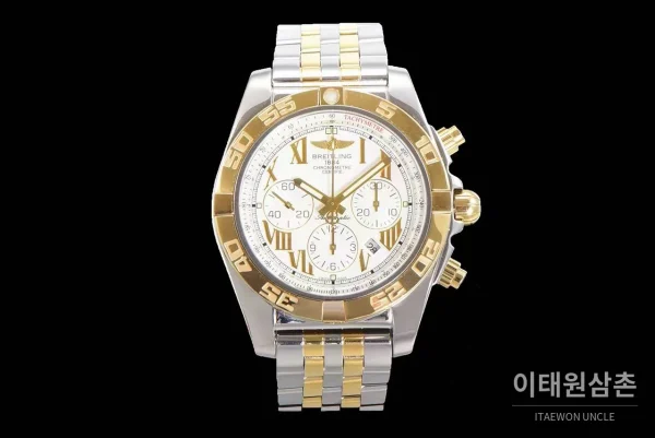 브라이틀링 크로노맷 스틸 블랙다이얼 크로노그래프 오토매틱 44mm 투톤 브레이슬릿 골드 베젤 (3)