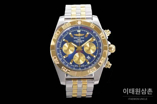 브라이틀링 크로노맷 스틸 블랙다이얼 크로노그래프 오토매틱 44mm 투톤 브레이슬릿 골드 베젤 (4)