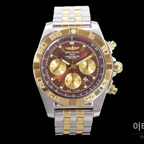브라이틀링 크로노맷 스틸 블랙다이얼 크로노그래프 오토매틱 44mm 투톤 브레이슬릿 골드 베젤 (5)