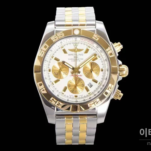 브라이틀링 크로노맷 스틸 블랙다이얼 크로노그래프 오토매틱 44mm 투톤 브레이슬릿 골드 베젤 (6)