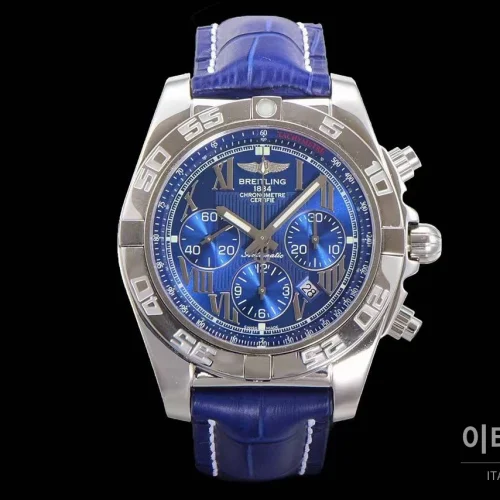브라이틀링 크로노맷 스틸 블랙다이얼 크로노그래프 오토매틱 44mm 블루 가죽 스트랩
