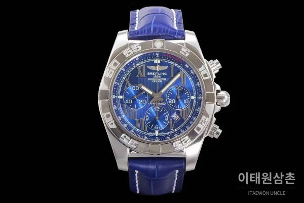 브라이틀링 크로노맷 스틸 블랙다이얼 크로노그래프 오토매틱 44mm (10) 브라이틀링 크로노맷 스틸 블랙다이얼 크로노그래프 오토매틱 44mm 블루 가죽 스트랩