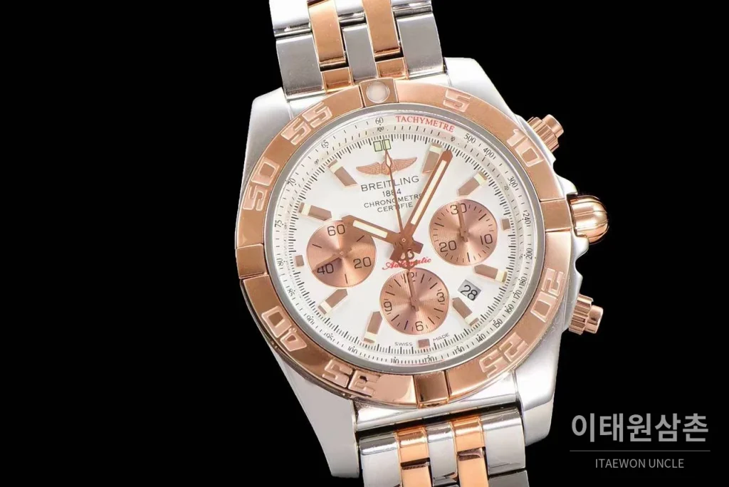 브라이틀링 크로노맷 스틸 블랙다이얼 크로노그래프 오토매틱 44mm 투톤 브레이슬릿 로즈골드 베젤 (2)
