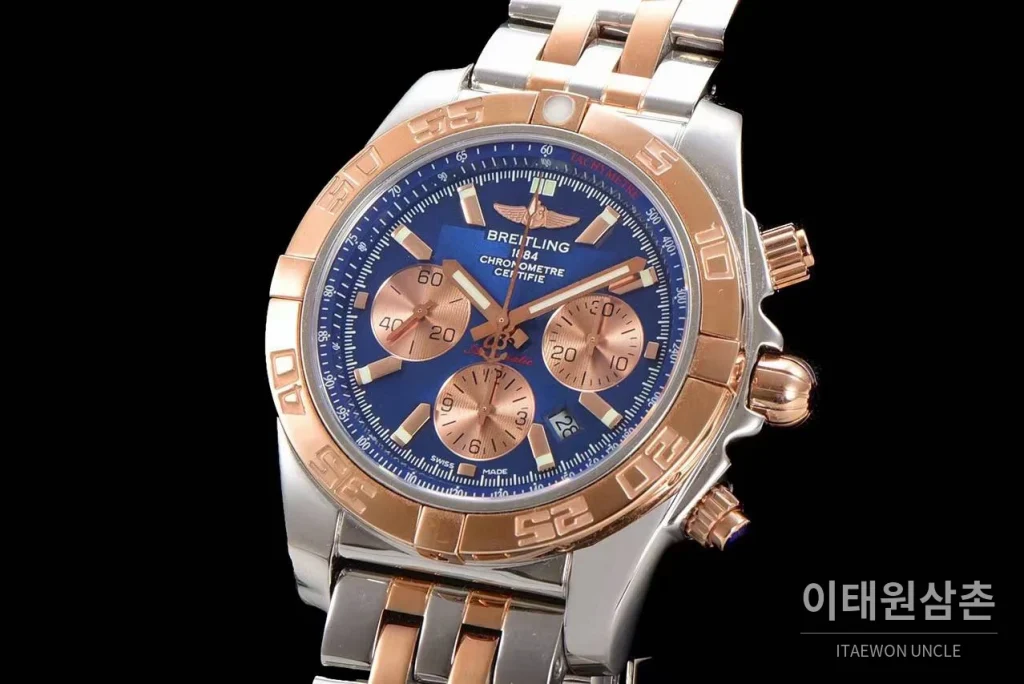 브라이틀링 크로노맷 스틸 블랙다이얼 크로노그래프 오토매틱 44mm 투톤 브레이슬릿 로즈골드 베젤