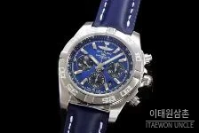 브라이틀링 크로노맷 스틸 블랙다이얼 크로노그래프 오토매틱 44mm 네이비 가죽 스트랩 실버 베젤