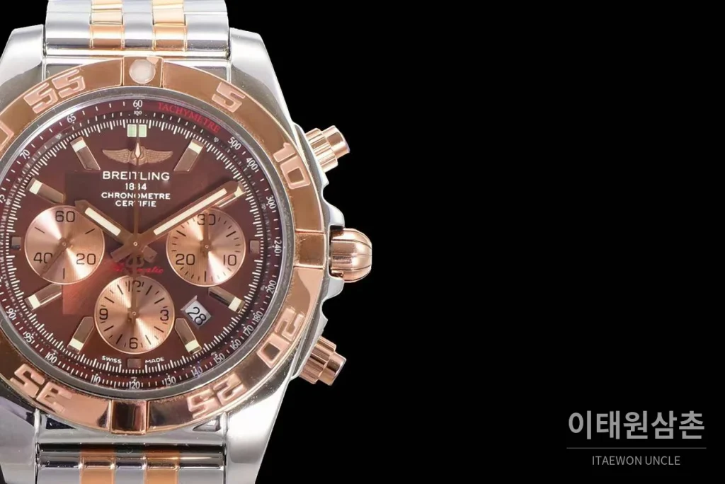 브라이틀링 크로노맷 스틸 블랙다이얼 크로노그래프 오토매틱 44mm 투톤 브레이슬릿 로즈골드 베젤 (3)