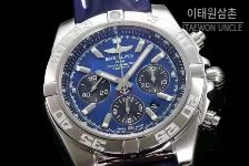 브라이틀링 크로노맷 스틸 블랙다이얼 크로노그래프 오토매틱 44mm 네이비 가죽 스트랩 실버 베젤