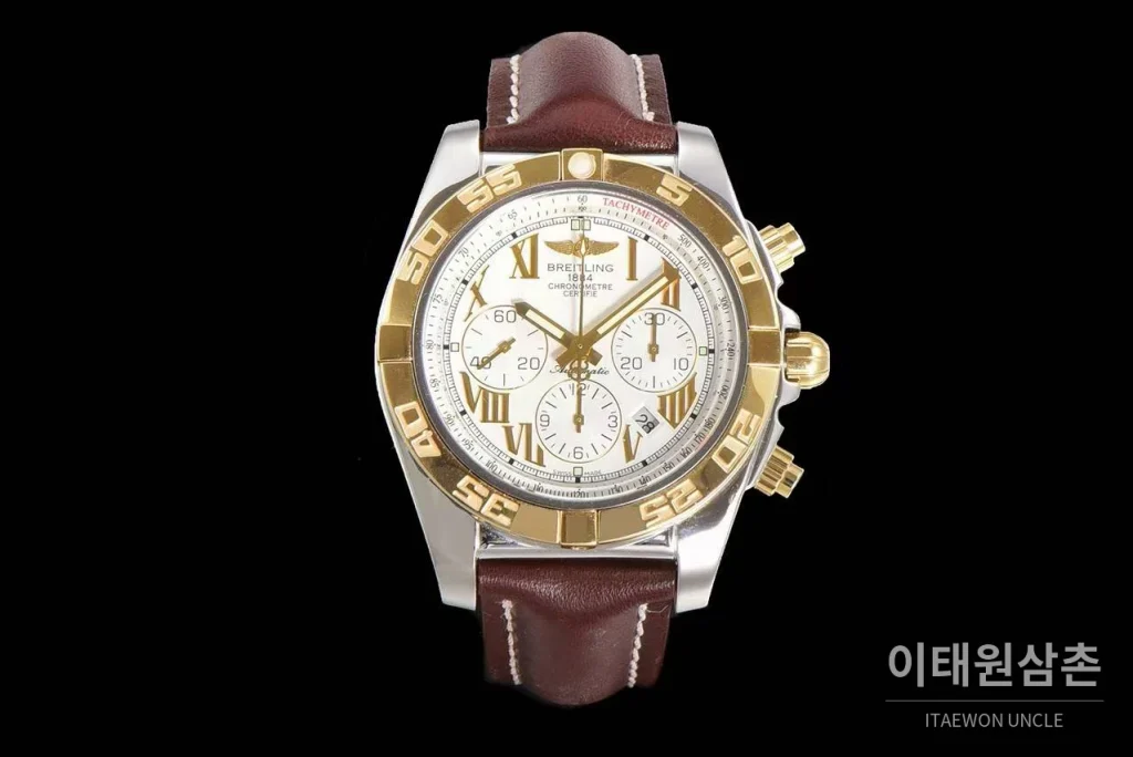 브라이틀링 크로노맷 스틸 블루다이얼 크로노그래프 오토매틱 44mm 브라운 가죽 스트랩 골드 베젤