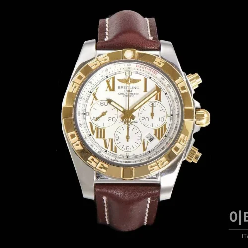 브라이틀링 크로노맷 스틸 블루다이얼 크로노그래프 오토매틱 44mm 브라운 가죽 스트랩 골드 베젤