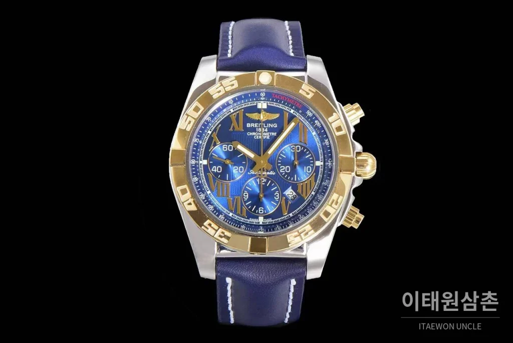 브라이틀링 크로노맷 스틸 블루다이얼 크로노그래프 오토매틱 44mm 네이비 가죽 스트랩 골드 베젤