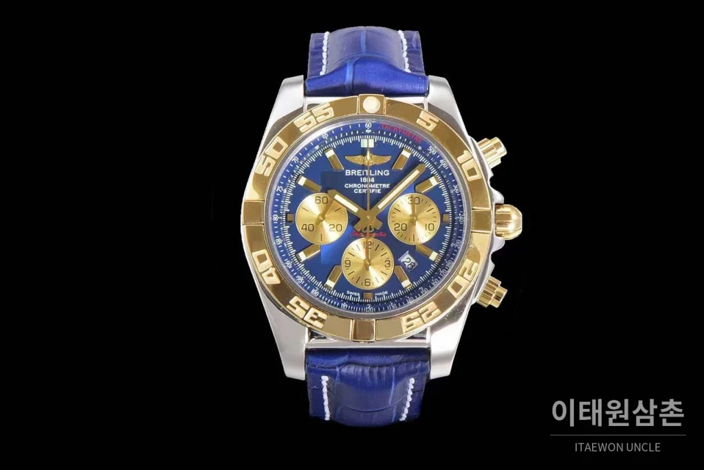 브라이틀링 크로노맷 스틸 블루다이얼 크로노그래프 오토매틱 44mm 블루 가죽 스트랩 골드 베젤