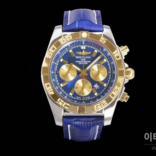 브라이틀링 크로노맷 스틸 블루다이얼 크로노그래프 오토매틱 44mm 블루 가죽 스트랩 골드 베젤