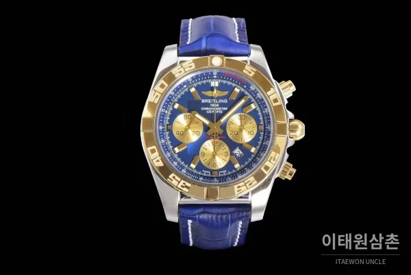 브라이틀링 크로노맷 스틸 블루다이얼 크로노그래프 오토매틱 44mm 블루 가죽 스트랩 골드 베젤