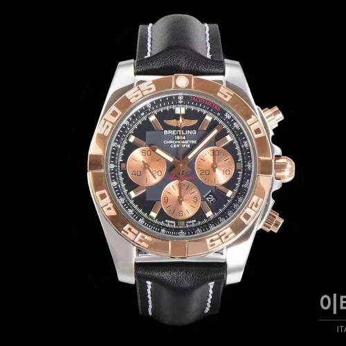 브라이틀링 크로노맷 스틸 블루다이얼 크로노그래프 오토매틱 44mm 블랙 가죽 스트랩 로즈골드 베젤