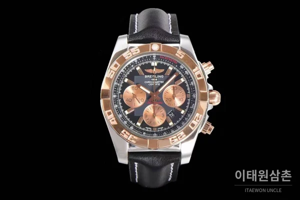 브라이틀링 크로노맷 스틸 블루다이얼 크로노그래프 오토매틱 44mm 블랙 가죽 스트랩 로즈골드 베젤