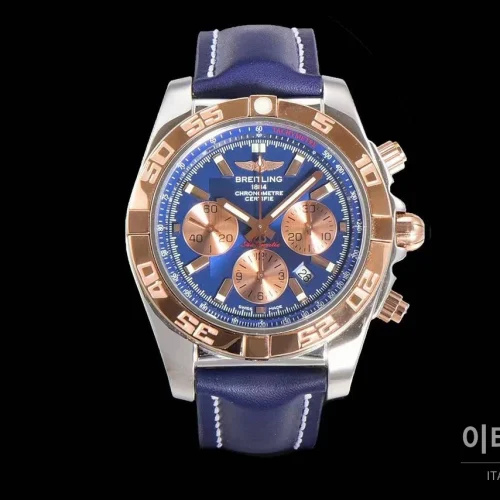 브라이틀링 크로노맷 스틸 블루다이얼 크로노그래프 오토매틱 44mm 네이비 가죽 스트랩 로즈골드 베젤