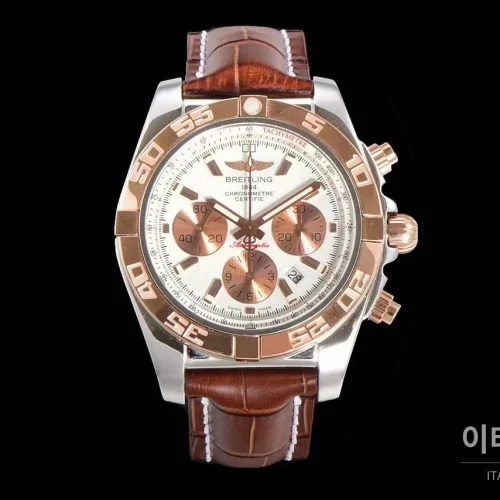 브라이틀링 크로노맷 스틸 블루다이얼 크로노그래프 오토매틱 44mm 브라운 가죽 스트랩 로즈골드 베젤