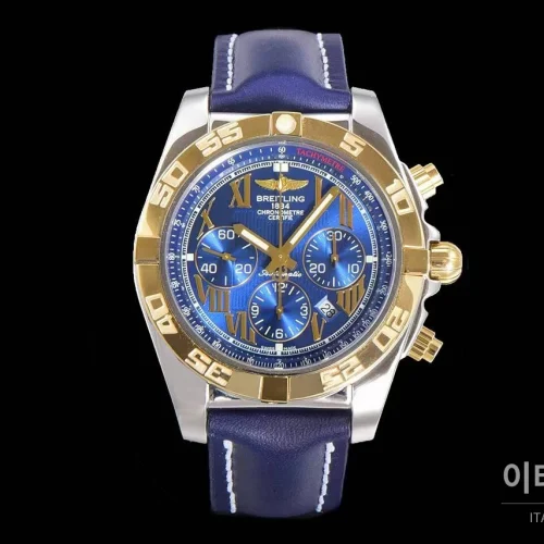 브라이틀링 크로노맷 스틸 블루다이얼 크로노그래프 오토매틱 44mm 네이비 가죽 스트랩 골드 베젤
