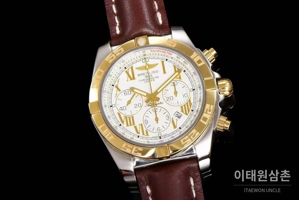 브라이틀링 크로노맷 스틸 블루다이얼 크로노그래프 오토매틱 44mm 브라운 가죽 스트랩 골드 베젤