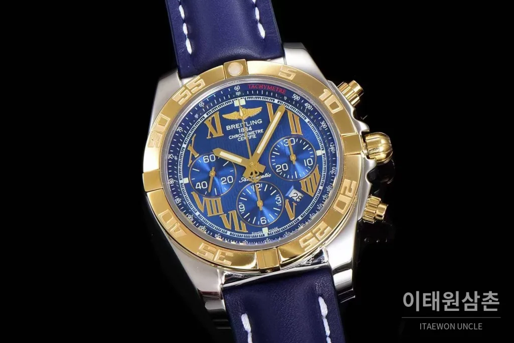 브라이틀링 크로노맷 스틸 블루다이얼 크로노그래프 오토매틱 44mm 네이비 가죽 스트랩 골드 베젤
