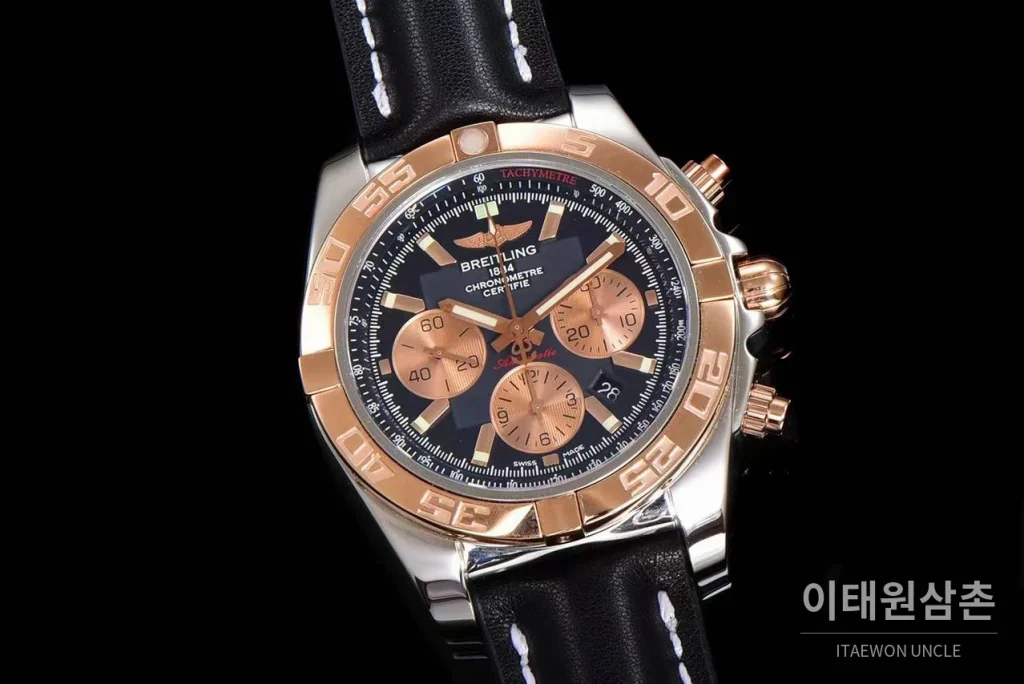 브라이틀링 크로노맷 스틸 블루다이얼 크로노그래프 오토매틱 44mm 블랙 가죽 스트랩 로즈골드 베젤