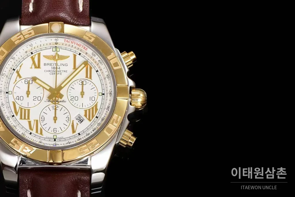 브라이틀링 크로노맷 스틸 블루다이얼 크로노그래프 오토매틱 44mm 브라운 가죽 스트랩 골드 베젤