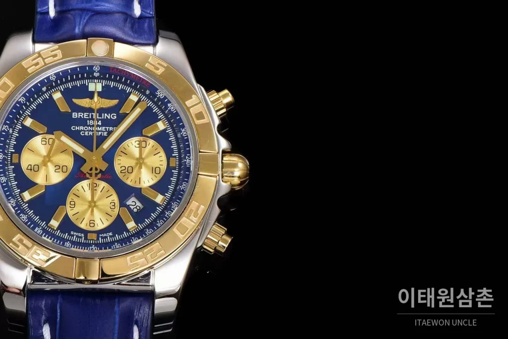 브라이틀링 크로노맷 스틸 블루다이얼 크로노그래프 오토매틱 44mm 블루 가죽 스트랩 골드 베젤