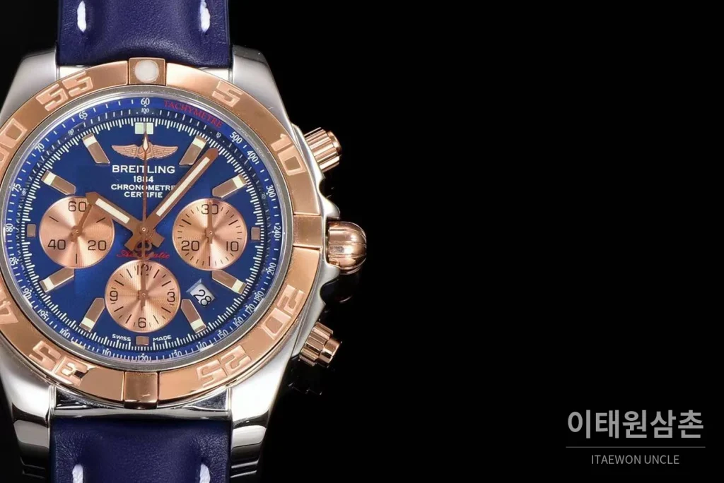 브라이틀링 크로노맷 스틸 블루다이얼 크로노그래프 오토매틱 44mm 네이비 가죽 스트랩 로즈골드 베젤