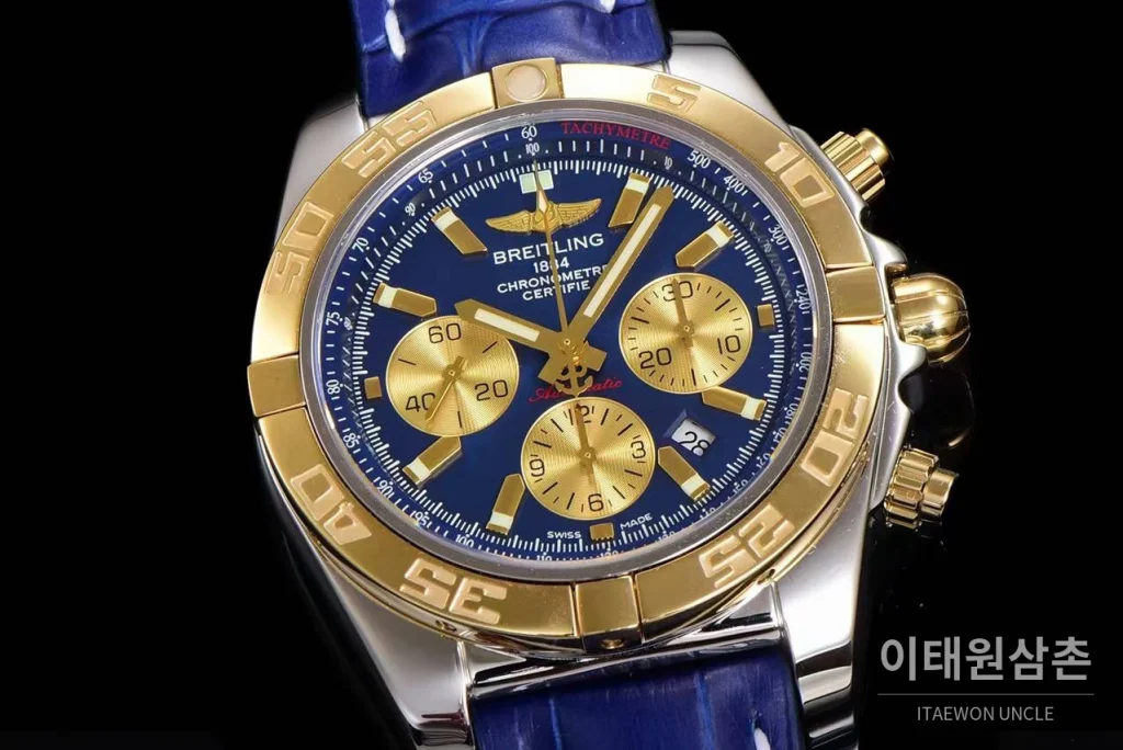 브라이틀링 크로노맷 스틸 블루다이얼 크로노그래프 오토매틱 44mm 블루 가죽 스트랩 골드 베젤