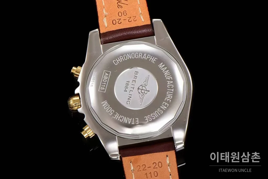 브라이틀링 크로노맷 스틸 블루다이얼 크로노그래프 오토매틱 44mm 브라운 가죽 스트랩 골드 베젤