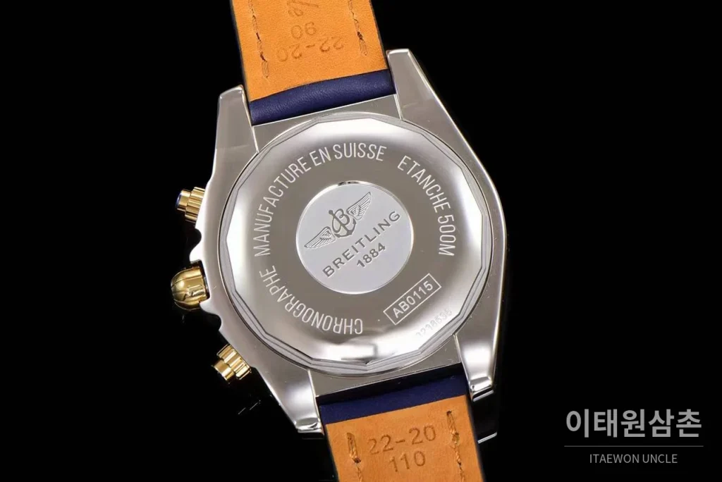브라이틀링 크로노맷 스틸 블루다이얼 크로노그래프 오토매틱 44mm 네이비 가죽 스트랩 골드 베젤