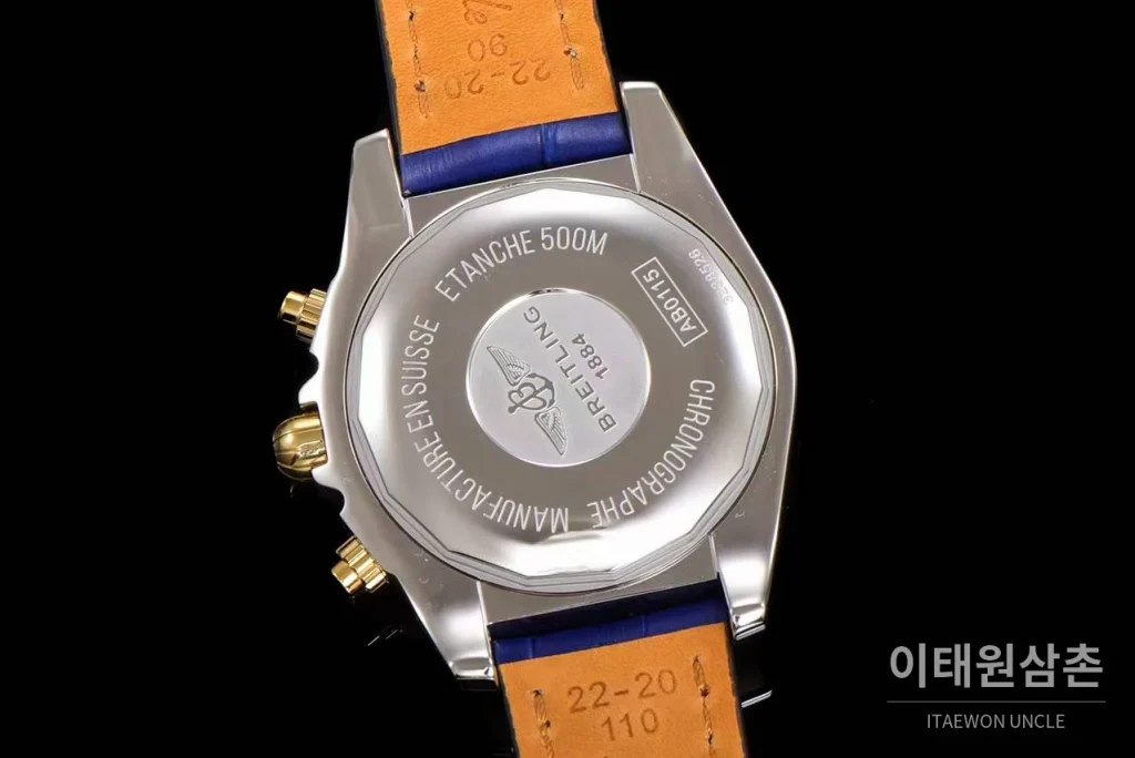 브라이틀링 크로노맷 스틸 블루다이얼 크로노그래프 오토매틱 44mm 블루 가죽 스트랩 골드 베젤