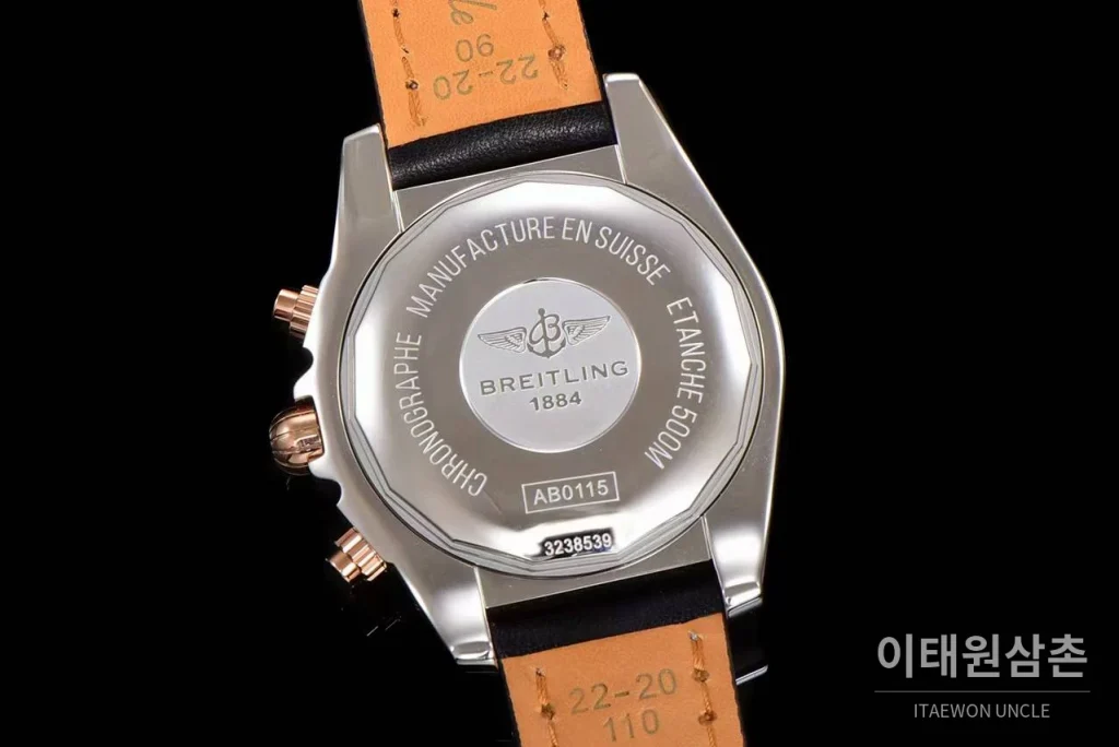 브라이틀링 크로노맷 스틸 블루다이얼 크로노그래프 오토매틱 44mm 블랙 가죽 스트랩 로즈골드 베젤