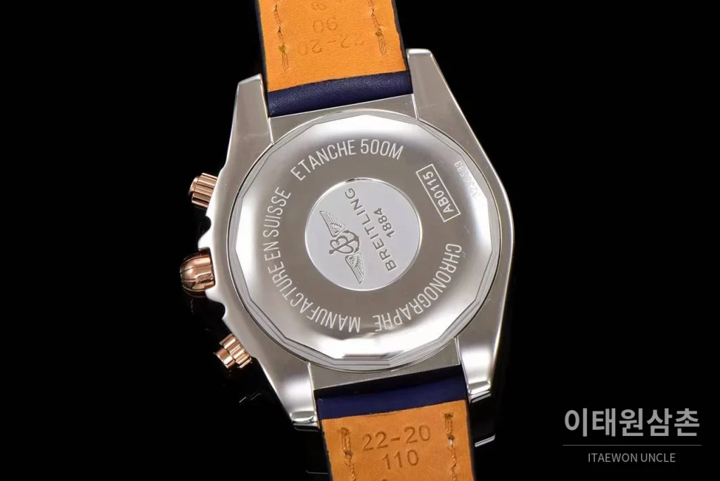브라이틀링 크로노맷 스틸 블루다이얼 크로노그래프 오토매틱 44mm 네이비 가죽 스트랩 로즈골드 베젤