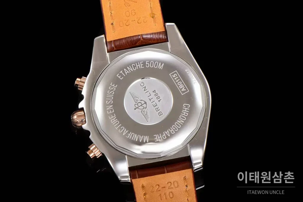 브라이틀링 크로노맷 스틸 블루다이얼 크로노그래프 오토매틱 44mm 브라운 가죽 스트랩 로즈골드 베젤