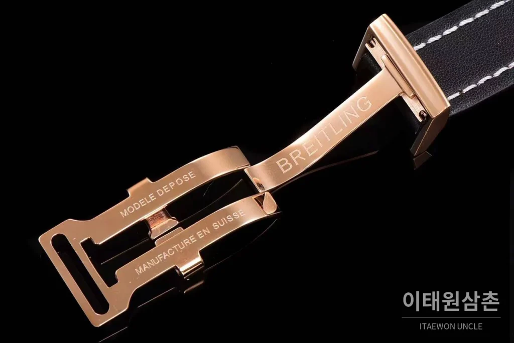 브라이틀링 크로노맷 스틸 블루다이얼 크로노그래프 오토매틱 44mm 블랙 가죽 스트랩 로즈골드 베젤