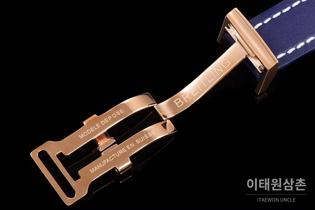브라이틀링 크로노맷 스틸 블루다이얼 크로노그래프 오토매틱 44mm 네이비 가죽 스트랩 로즈골드 베젤