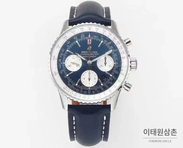 브라이틀링 내비타이머1 B01 스틸 슬라이드룰베젤 크로노그래프 오토매틱 43mm 네이비 다이얼 네이비 가죽 스트랩