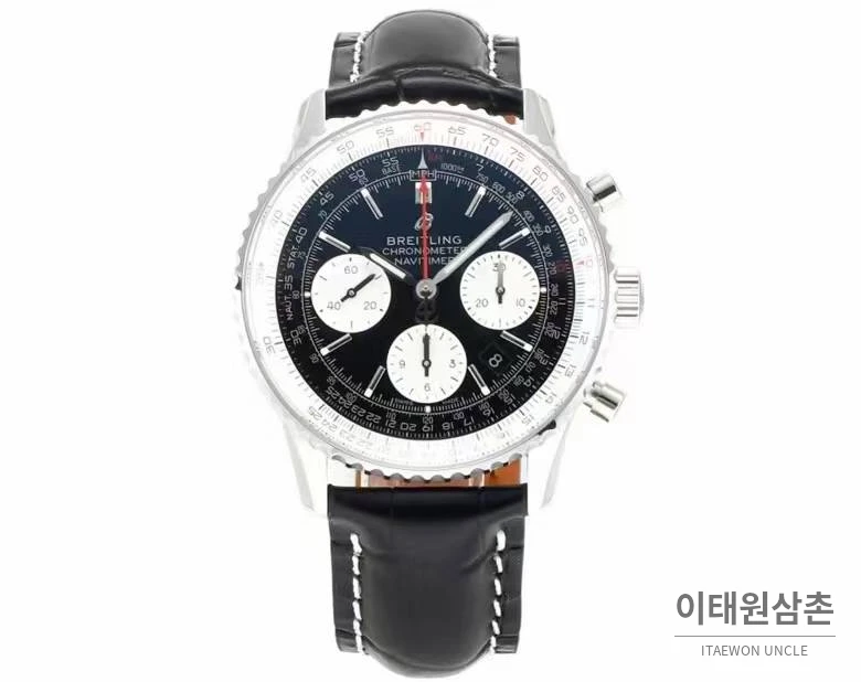 브라이틀링 내비타이머1 B01 스틸 슬라이드룰베젤 크로노그래프 오토매틱 43mm 네이비 다이얼 블랙 가죽 스트랩