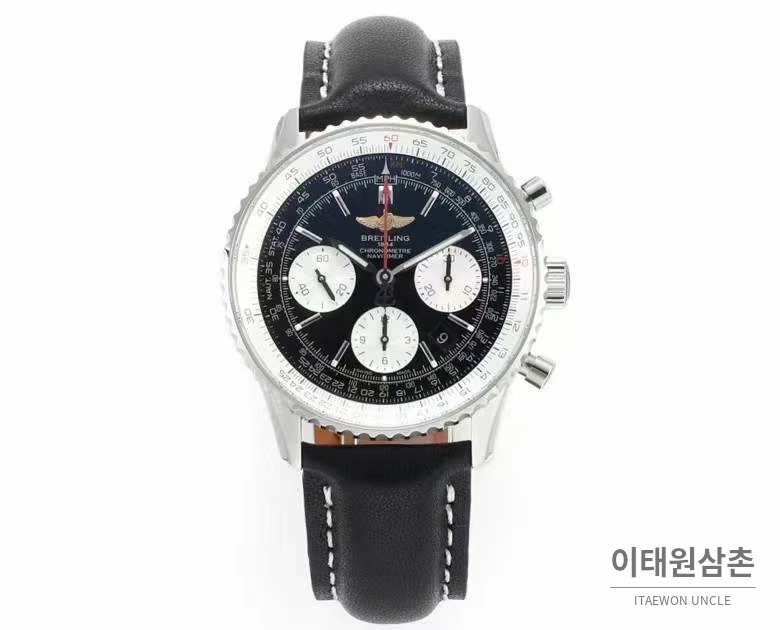 브라이틀링 내비타이머1 B01 스틸 슬라이드룰베젤 크로노그래프 오토매틱 43mm 네이비 다이얼 블랙 가죽 스트랩 (2)