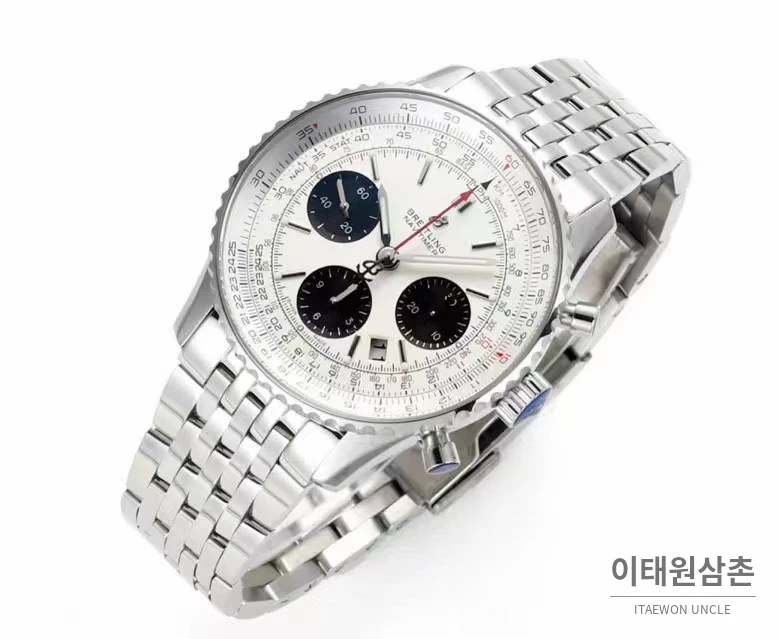브라이틀링 내비타이머1 B01 스틸 슬라이드룰베젤 크로노그래프 오토매틱 43mm 화이트 다이얼 스틸 브레이슬릿
