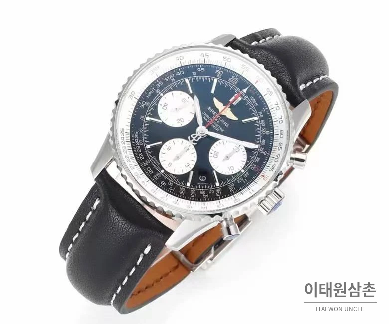 브라이틀링 내비타이머1 B01 스틸 슬라이드룰베젤 크로노그래프 오토매틱 43mm 네이비 다이얼 블랙 가죽 스트랩 (2)