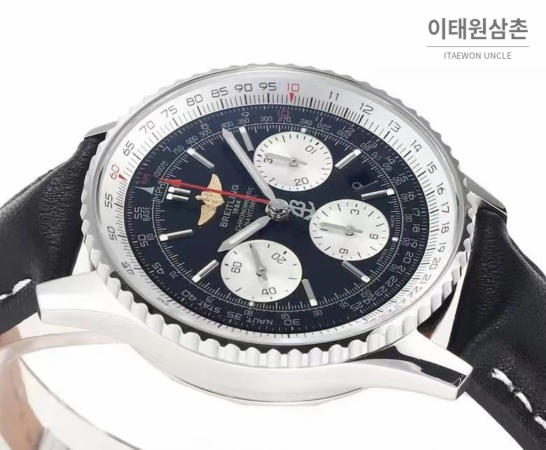 브라이틀링 내비타이머1 B01 스틸 슬라이드룰베젤 크로노그래프 오토매틱 43mm 네이비 다이얼 블랙 가죽 스트랩 (2)
